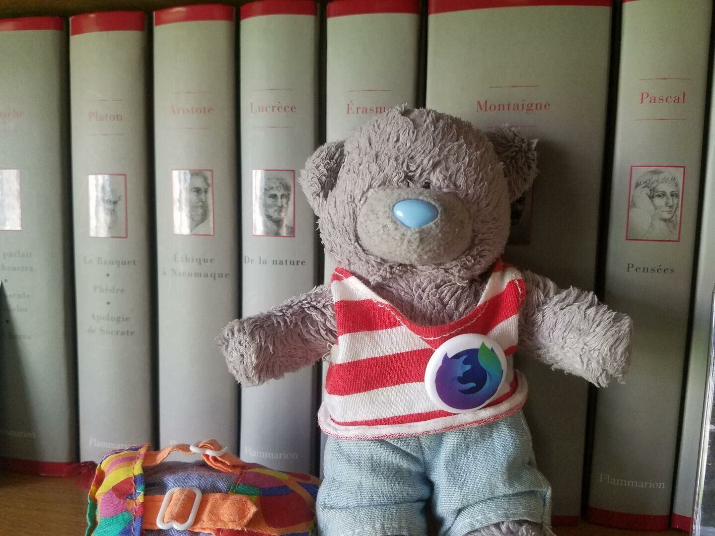 David, avec un sac à dos à ses pieds, devant des livres de philosophie